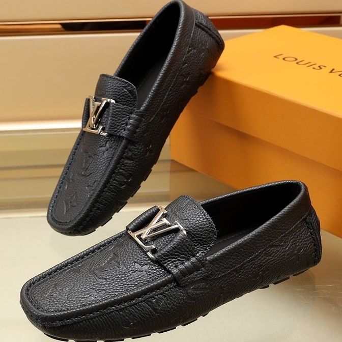 Black Real Leather V Logo Handmade Men's Loafers