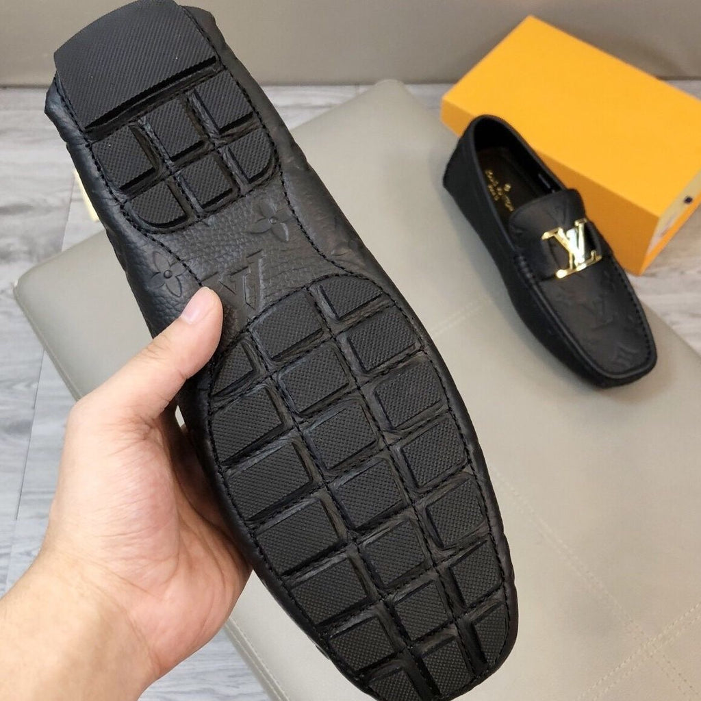 Black Handmade Real Leather V Logo Men's Loafers
