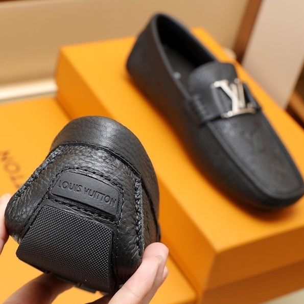 Black Real Leather V Logo Handmade Men's Loafers