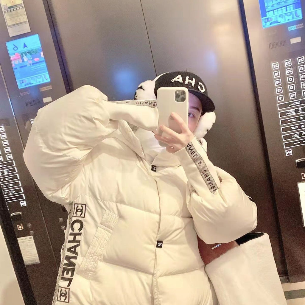 White and Black C Logo Women's Down JacketPD052023111401