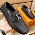 Black Real Leather V Logo Handmade Men's Loafers