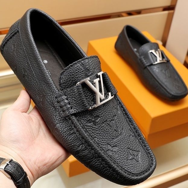 Black Real Leather V Logo Handmade Men's Loafers