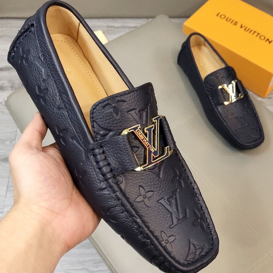 Black Handmade Real Leather V Logo Men's Loafers